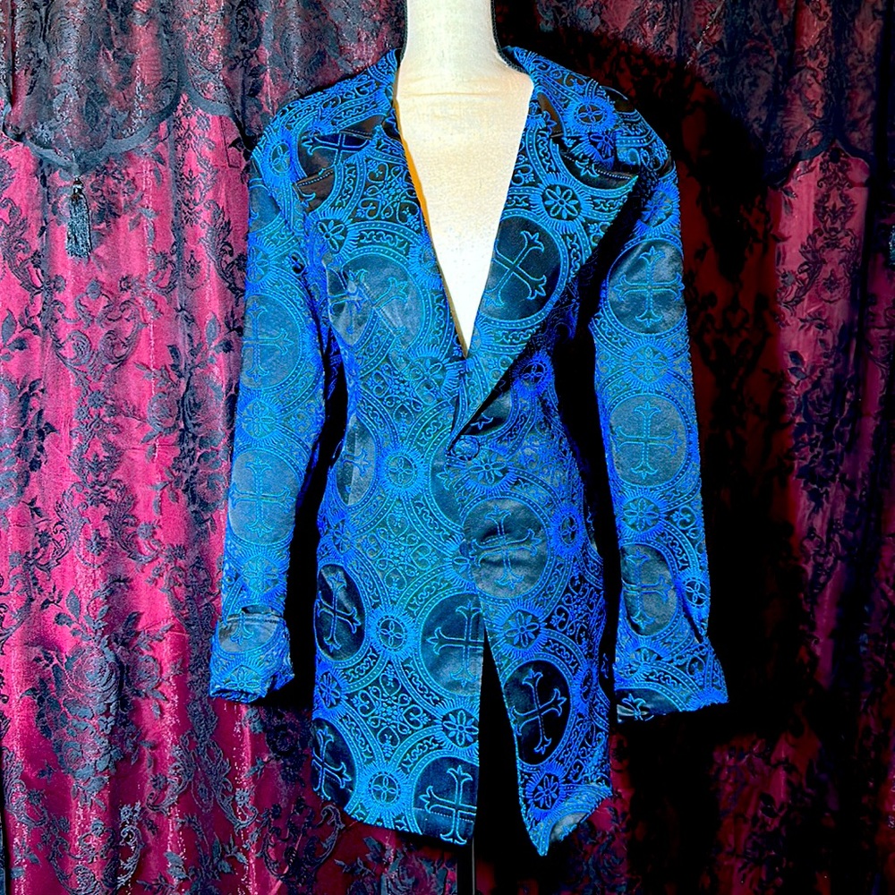 1990’s, Blue gothic cross Lip Service long jacket. Large Unisex